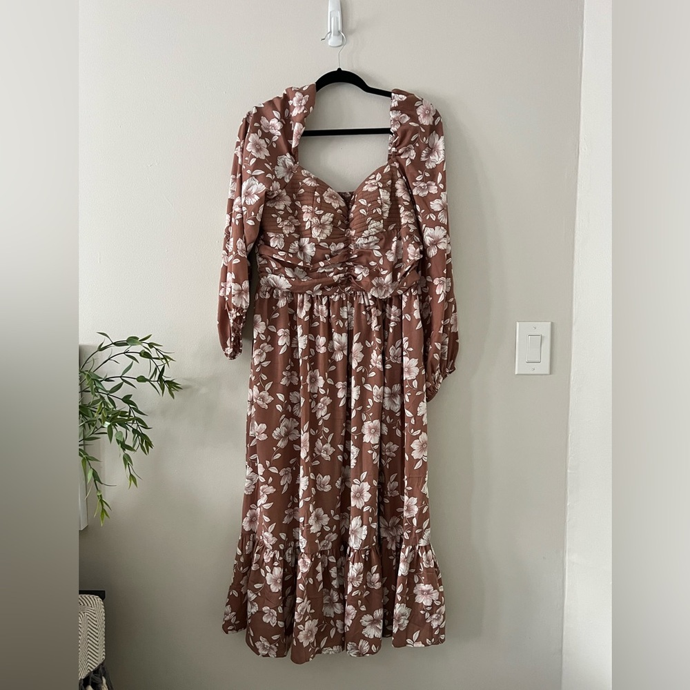 Floral Empire Waist Maxi Dress in Brown with White Blossoms | Juniors: XL